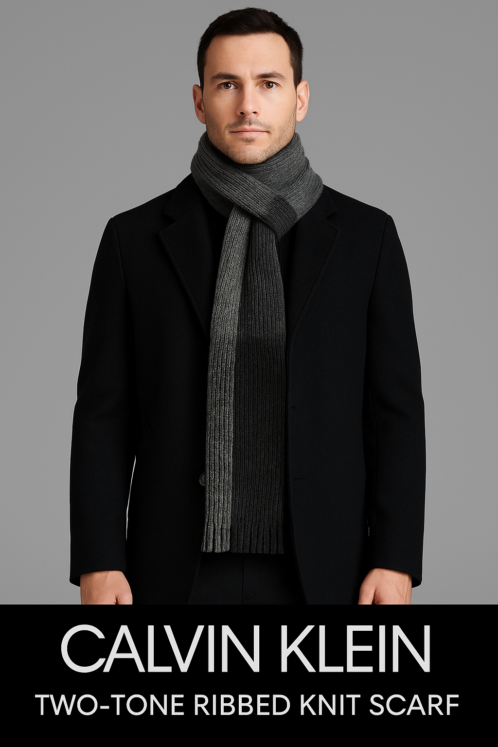 Calvin Klein Two-Tone Ribbed Knit Scarf – Gray Colorblock Fringe | Modern Men’s Luxury Winter Accessory
