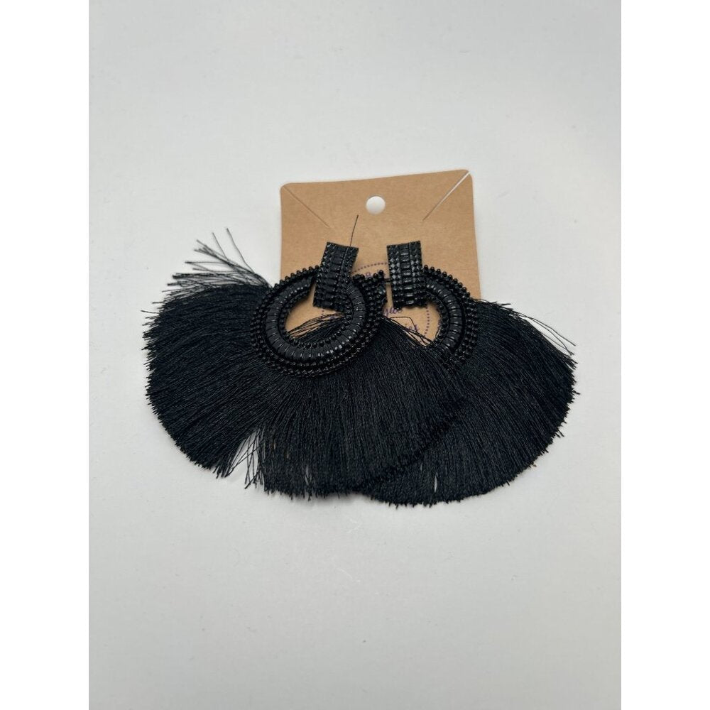 Black Beaded Hoop Tassel Fringe Earrings – Boho Statement Lightweight Jewelry