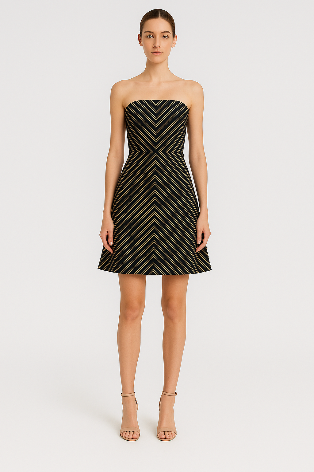 WHBM Strapless Chevron Stripe A-Line Mini Dress – Black & Beige | Size 2