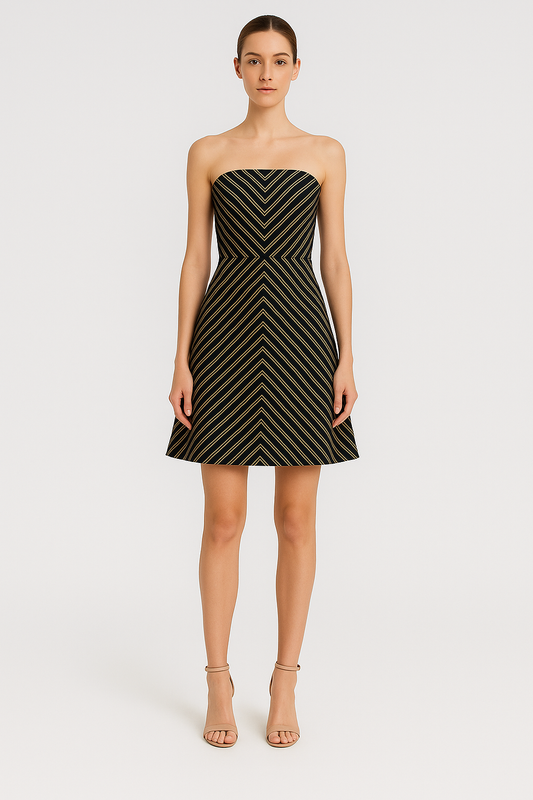 WHBM Strapless Chevron Stripe A-Line Mini Dress – Black & Beige | Size 2