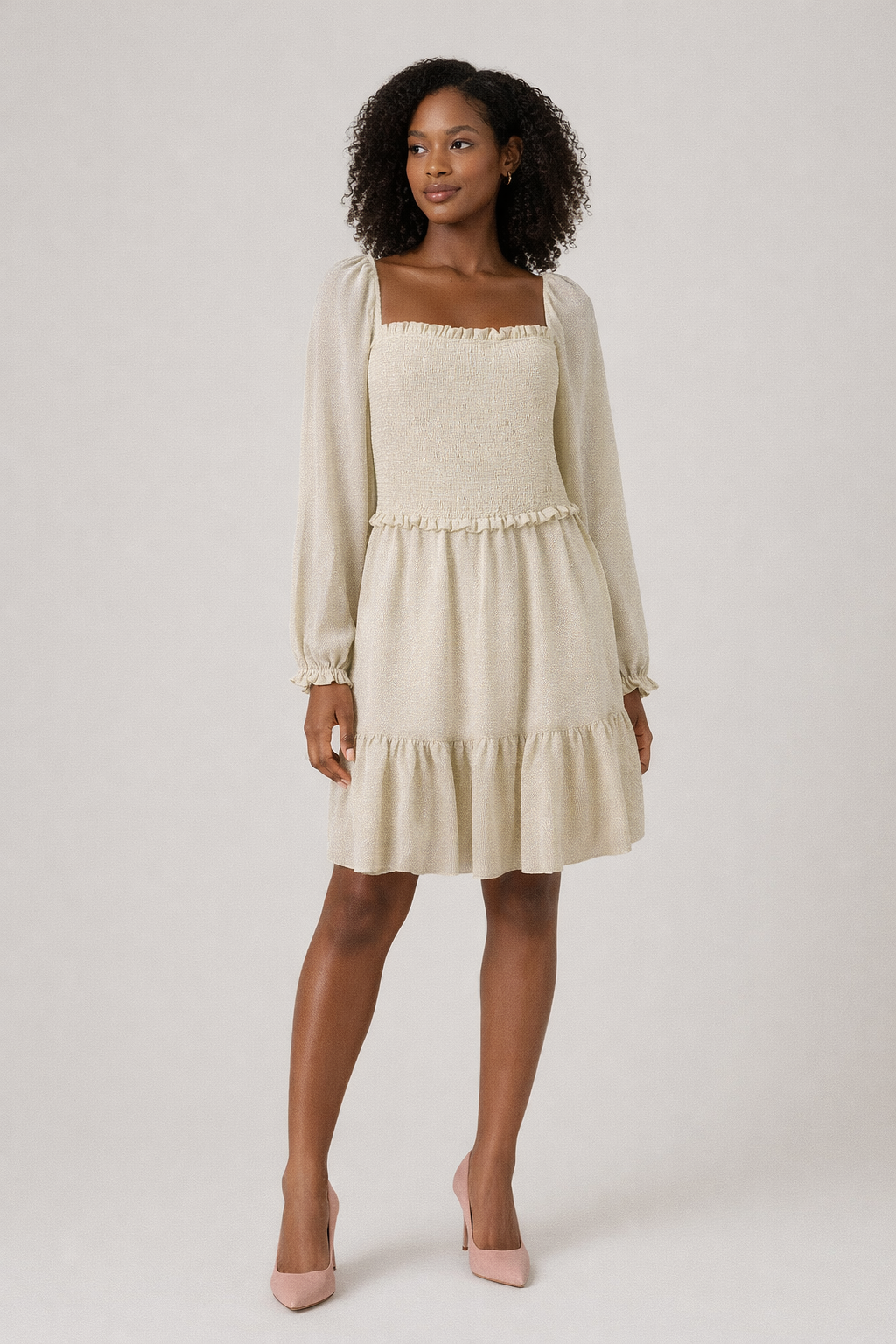 Wilfred Aritzia Square Neck Smocked Long Sleeve Dress XL Soft Neutral