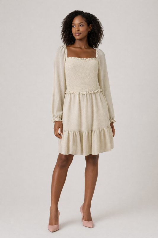 Wilfred Aritzia Square Neck Smocked Long Sleeve Dress XL Soft Neutral