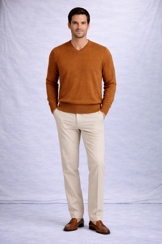 Mark Fore & Strike Men’s 100% Lambswool V-Neck Sweater | Camel Rust | Size L | Quiet Luxury