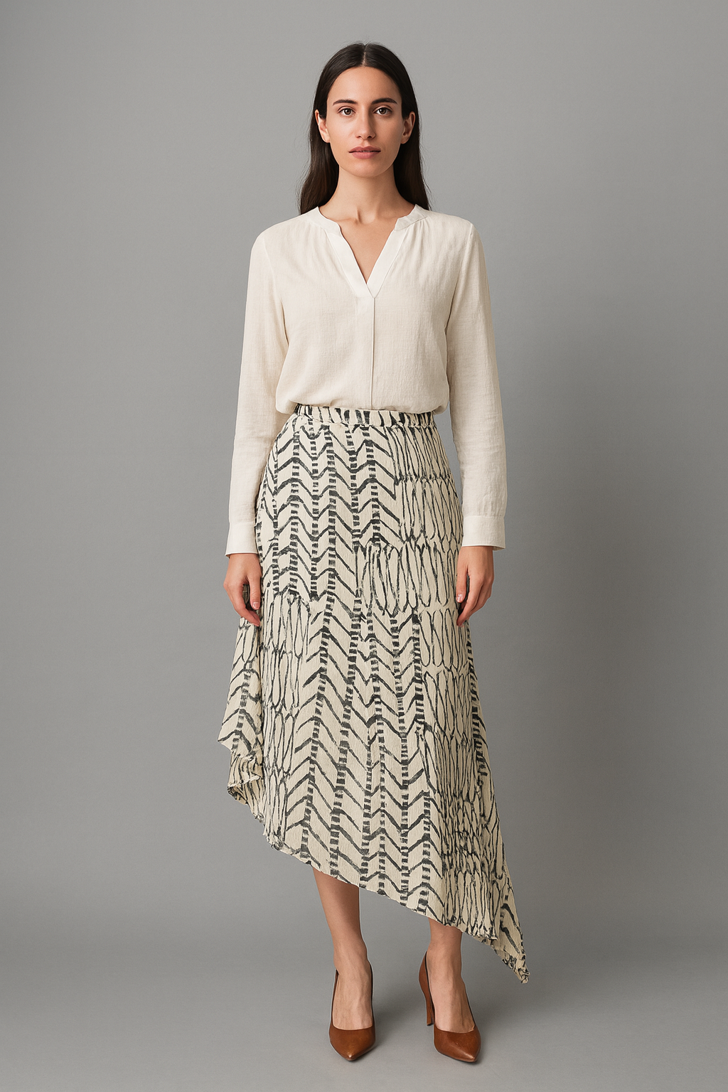 Valerie Stevens Separates 100% Silk Asymmetrical Maxi Skirt – Cream & Black Quiet Luxury