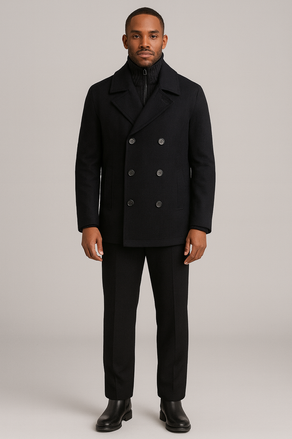 Kenneth Cole Men’s Wool Blend Peacoat Jacket 46% Wool Double Breasted Black Size Medium Classic Winter Coat