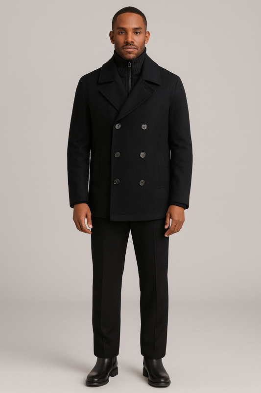 Kenneth Cole Men’s Wool Blend Peacoat Jacket 46% Wool Double Breasted Black Size Medium Classic Winter Coat