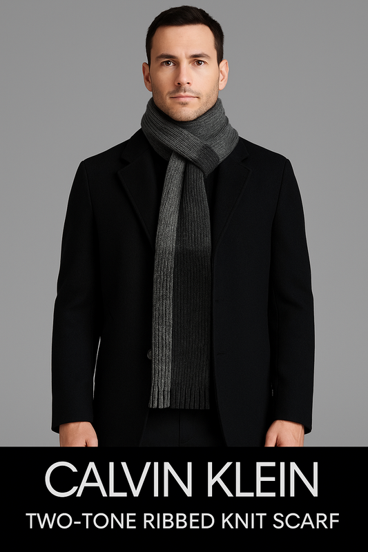 Calvin Klein Two-Tone Ribbed Knit Scarf – Gray Colorblock Fringe | Modern Men’s Luxury Winter Accessory