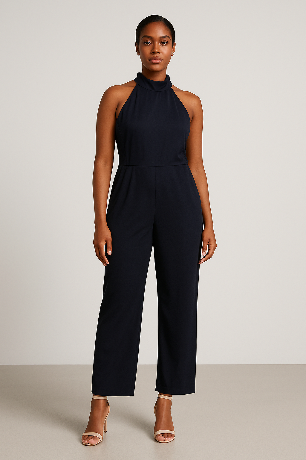Veronika Guardi Silk-Blend Halter Luxe Jumpsuit – Navy (Size 12)