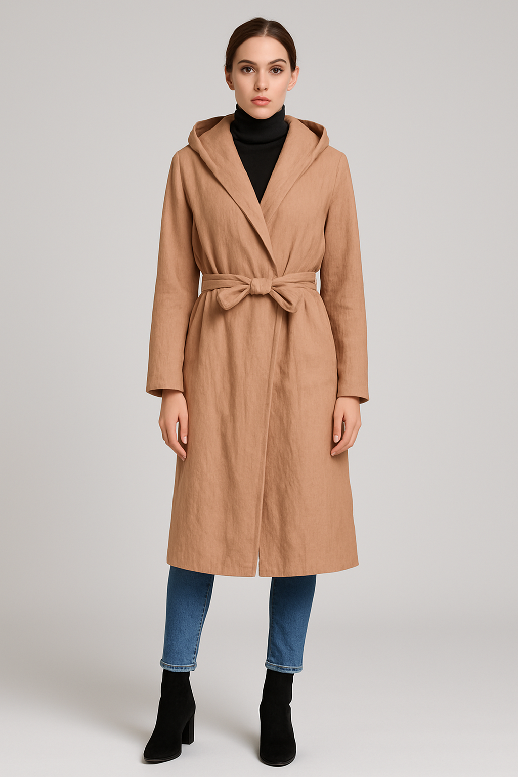 Camel Hooded Wrap Trench Coat Duster – Minimalist Belted Longline Outerwear | Size M