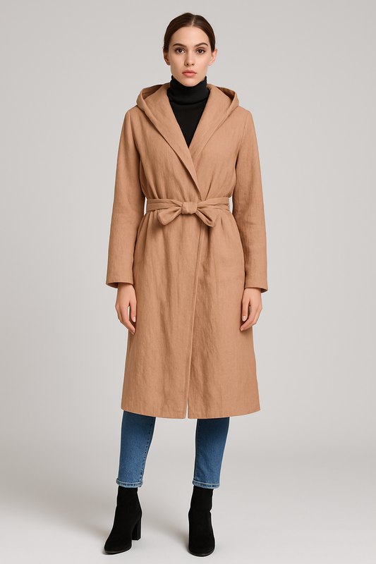 Camel Hooded Wrap Trench Coat Duster – Minimalist Belted Longline Outerwear | Size M