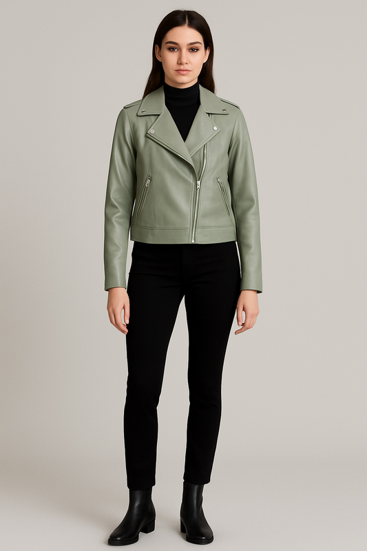 Soft Sage Faux Leather Moto Jacket – Minimalist Zip Front Street Capsule | XS