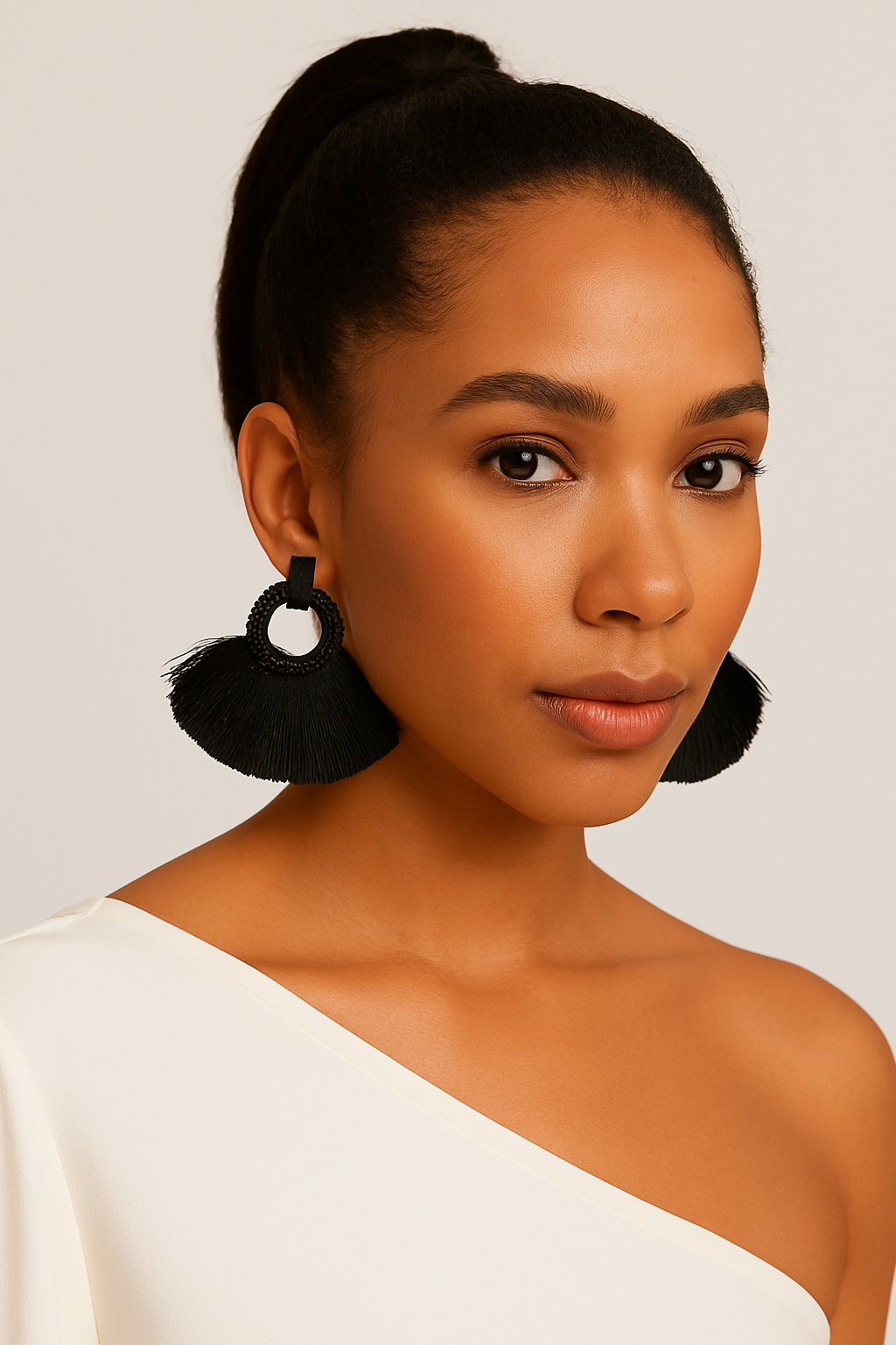 Black Beaded Hoop Tassel Fringe Earrings – Boho Statement Lightweight Jewelry