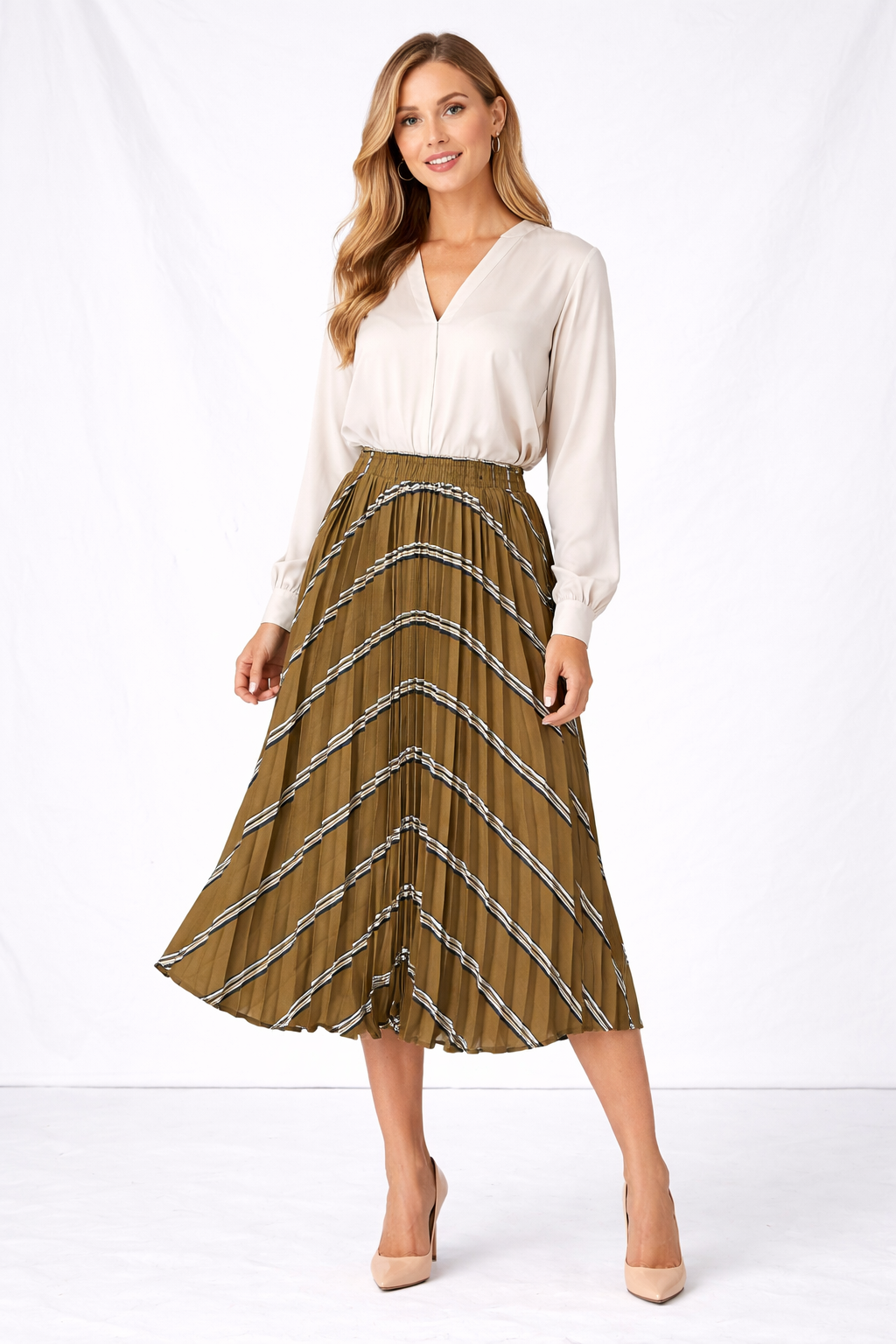 English Factory Olive Pleated Midi Skirt – Size XS | Modern Classic Capsule Piece