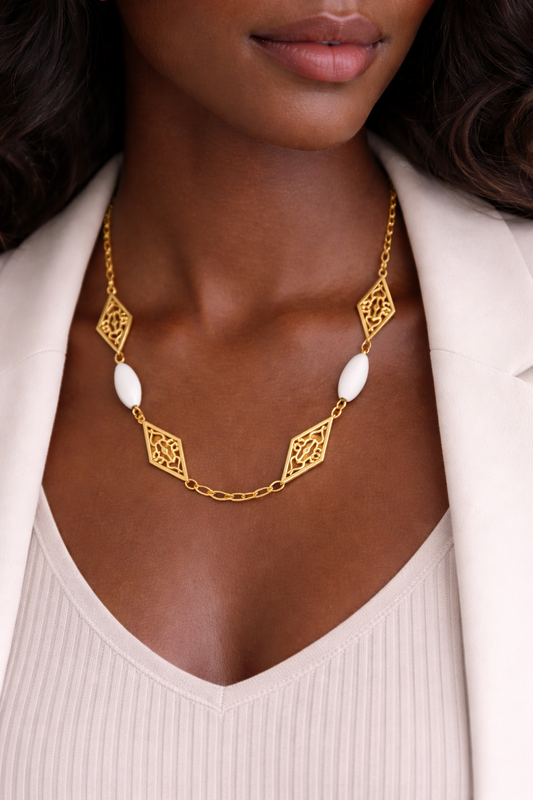 Gold Tone Filigree Link Necklace White Stone Accents Minimal Elegant Style