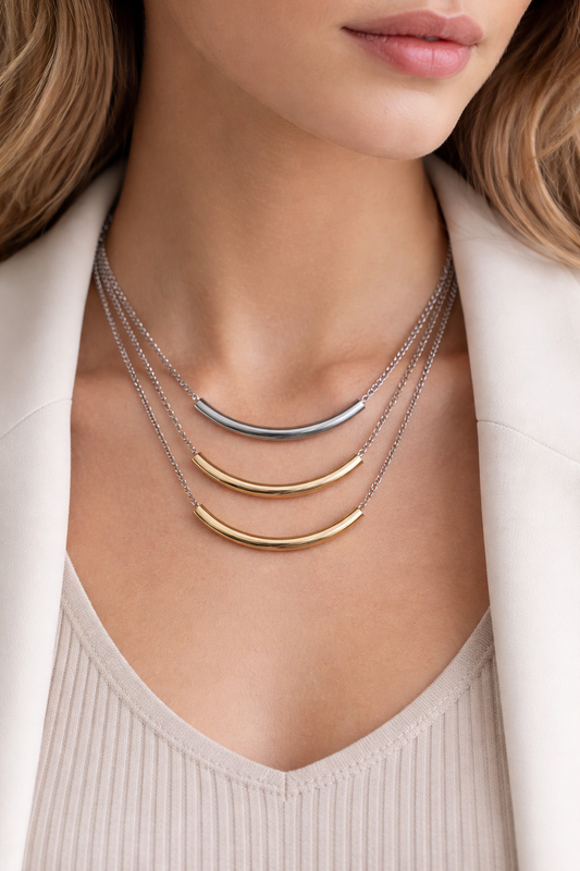 Minimalist Curved Bar Necklace – Mixed Metal Tone Layered Design