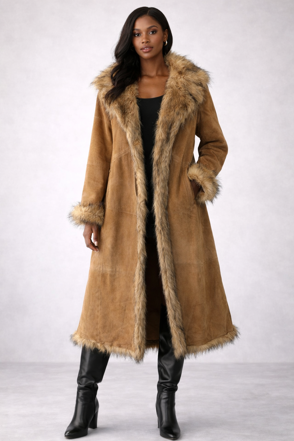 Women’s Genuine Leather Shearling-Style Coat with Faux Fur Trim | Longline Winter Jacket – Size M