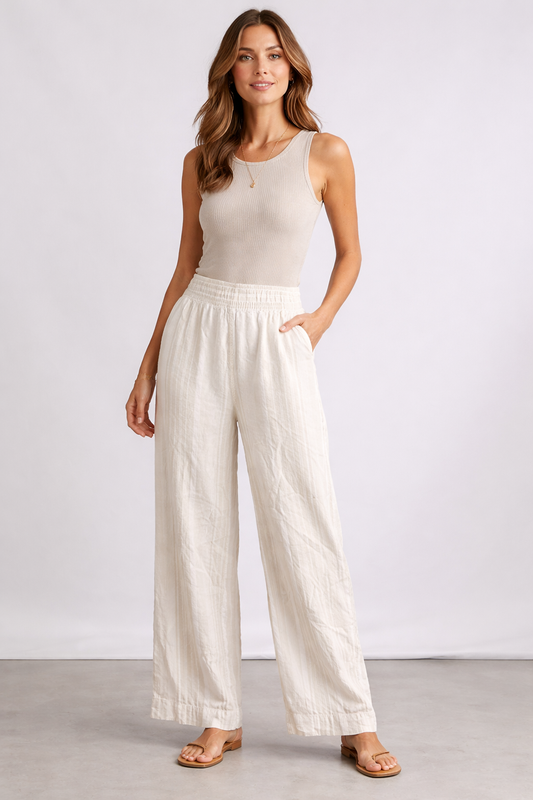 Tahari Linen Blend Wide Leg Pants Women XL Ivory Stripe Elastic Waist Vacation