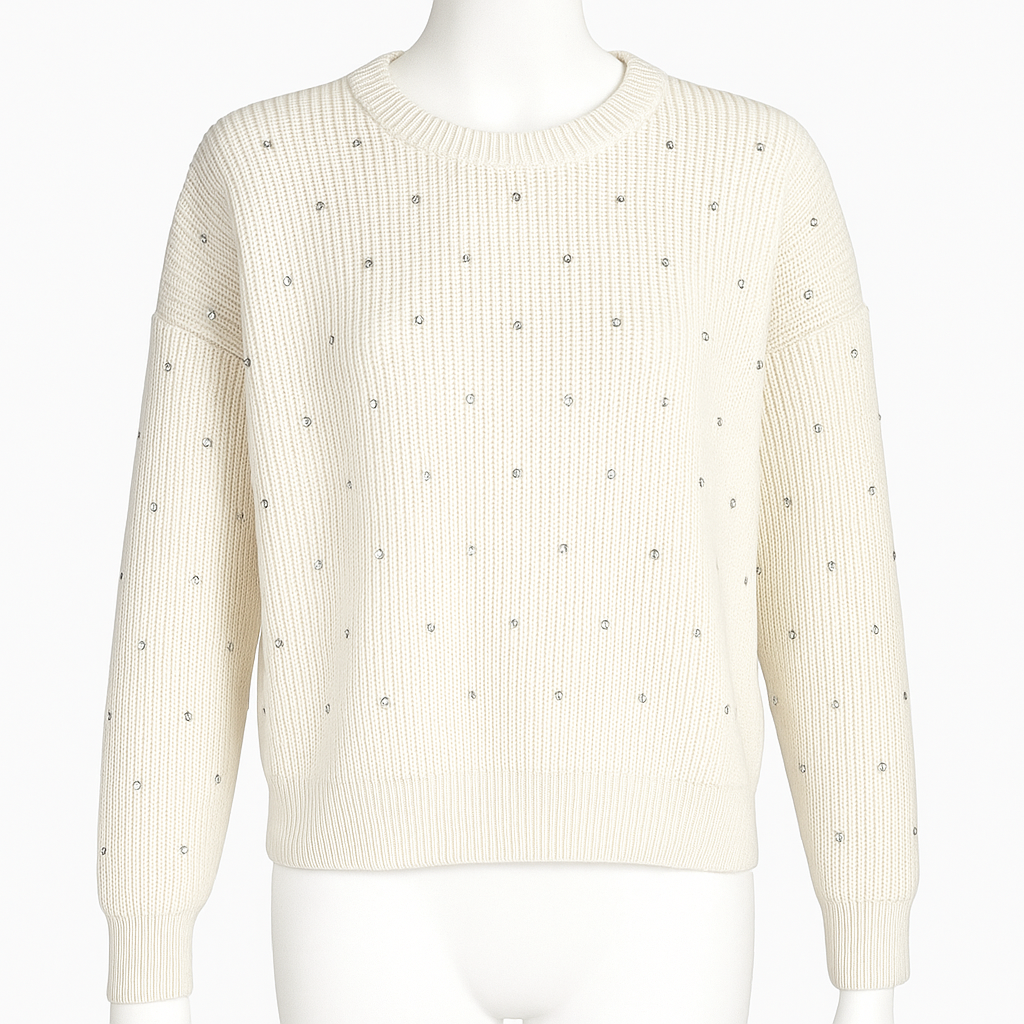 Nine West Embellished Cream Knit Sweater XL – Chic Quiet Luxury Essential