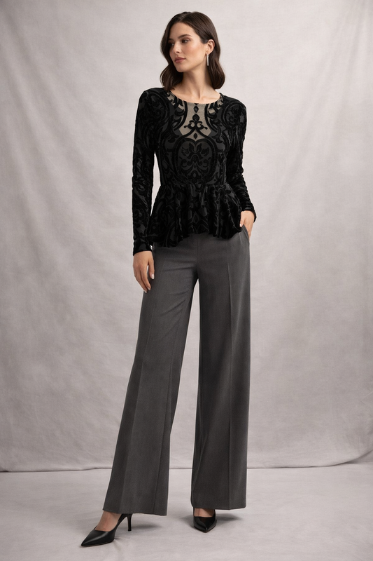 BCBGMAXAZRIA Colleen Baroque Burnout Velvet Peplum Top – Black | Size M