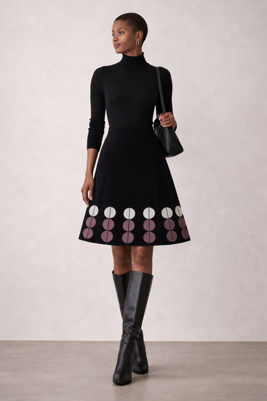 Boden Black Corduroy A-Line Skirt Size 10R | Retro Dot Hem