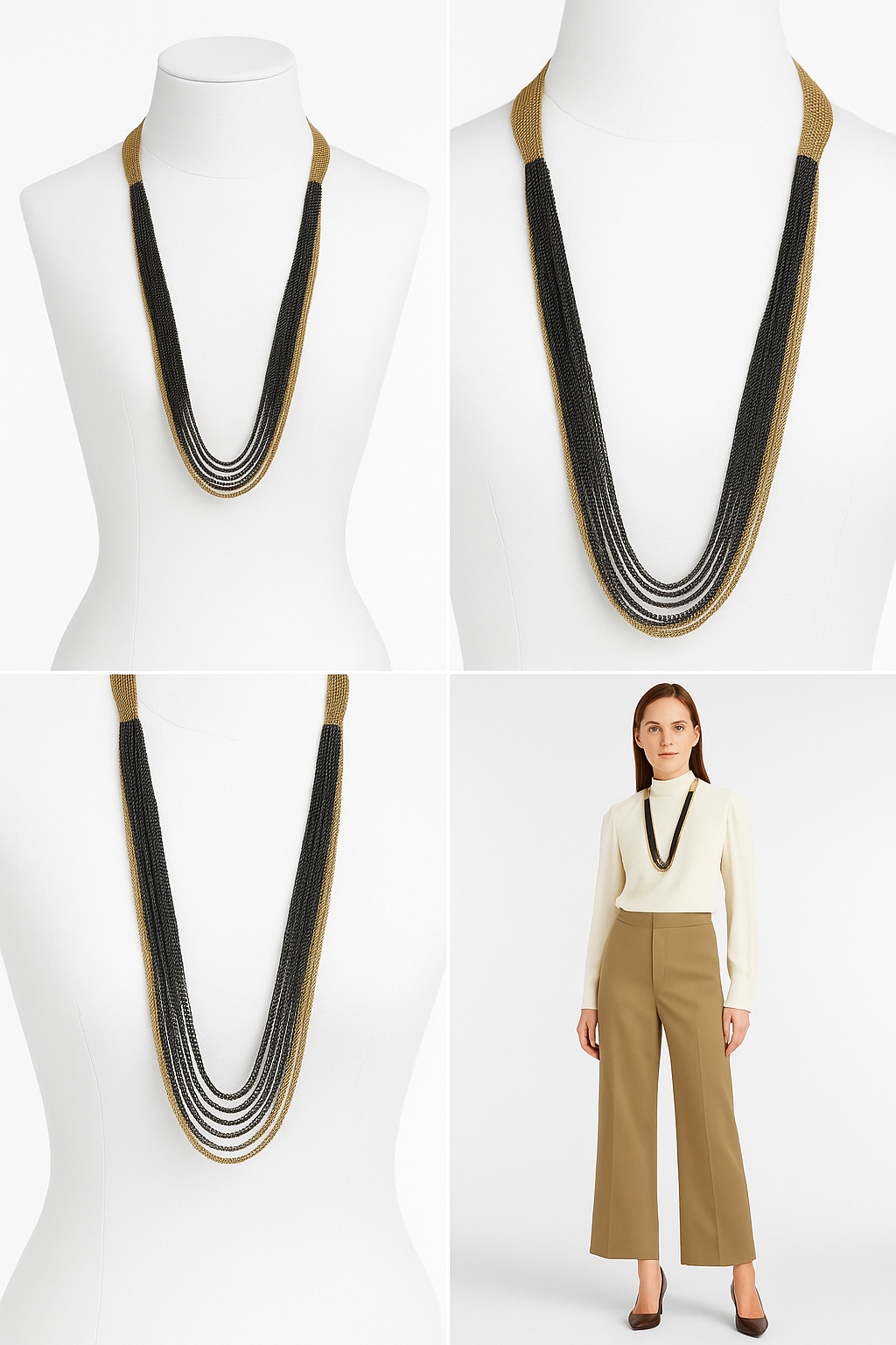 Black & Gold Multi-Strand Mesh Chain Necklace – 30” Statement Layered Piece