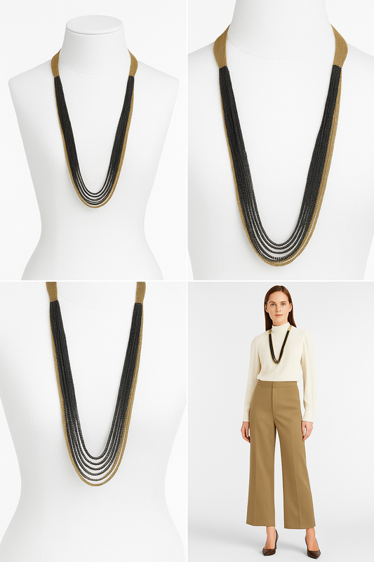 Black & Gold Multi-Strand Mesh Chain Necklace – 30” Statement Layered Piece