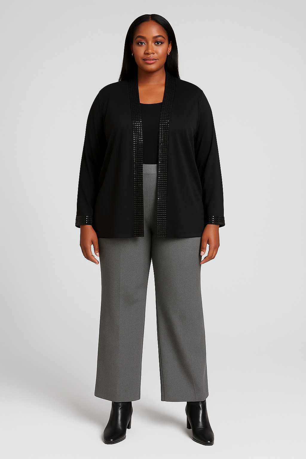 Blue Sage Embellished Black Open Front Cardigan • Elegant Plus 2X NWT