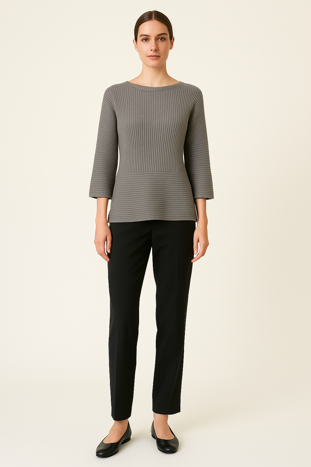 Vince Camuto Gray Ribbed Knit Top – Quiet Luxury Capsule Sweater | Size Medium