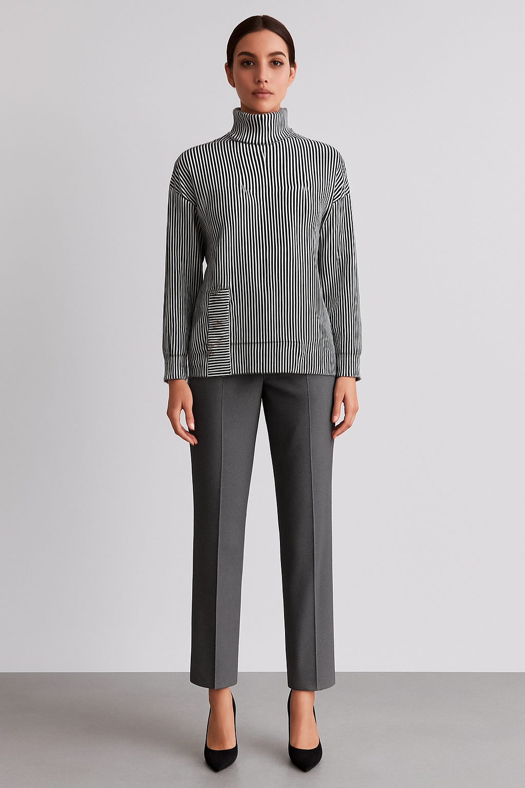 Zara Black & White Stripe Mock Neck Knit Top (Size S)