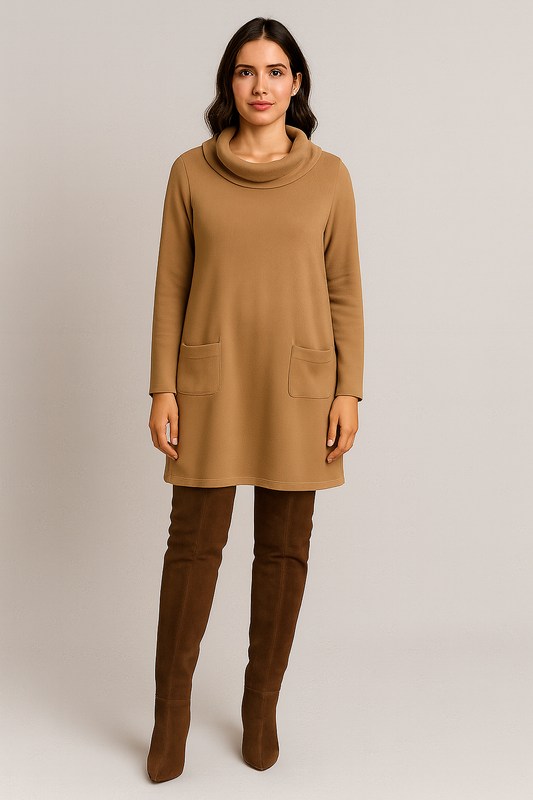 Chico’s Camel Cowl Neck Sweater Dress – Wool Blend Quiet Luxury Capsule Dress
