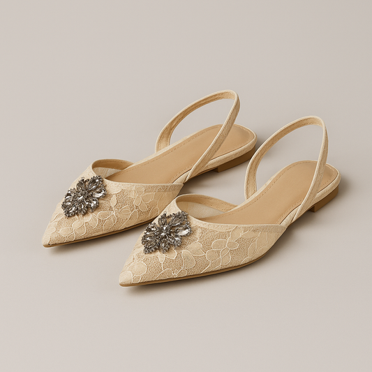 Band of the Free Lace Slingback Flats w/ Crystal Embellishment – Size 8 | Elegant Neutral Evening Shoe