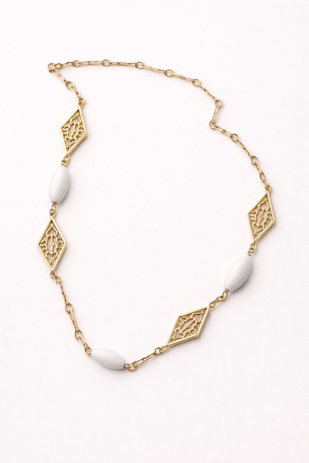 Gold Tone Filigree Link Necklace White Stone Accents Minimal Elegant Style