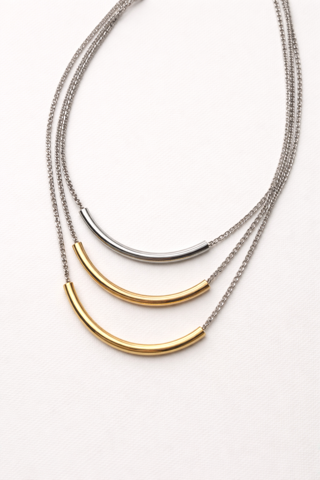 Minimalist Curved Bar Necklace – Mixed Metal Tone Layered Design