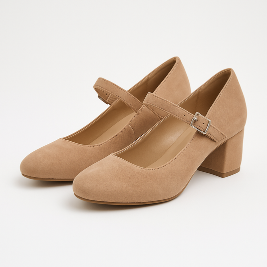 Le Edo Suede Mary Jane Block Heel – Quiet Luxury Neutral Pump | Size 37 US 7
