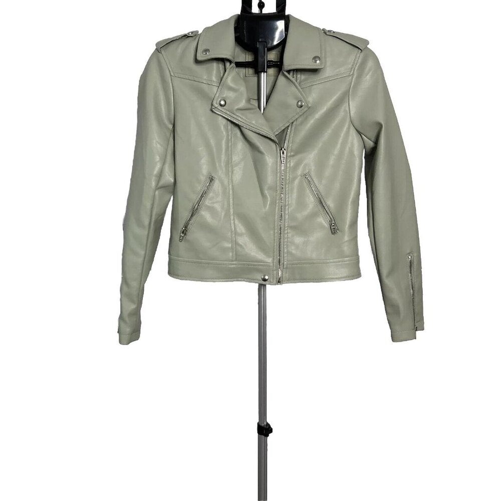 Soft Sage Faux Leather Moto Jacket – Minimalist Zip Front Street Capsule | XS