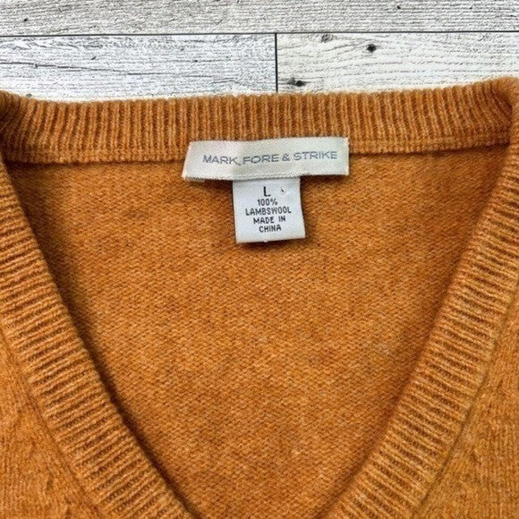 Mark Fore & Strike Men’s 100% Lambswool V-Neck Sweater | Camel Rust | Size L | Quiet Luxury