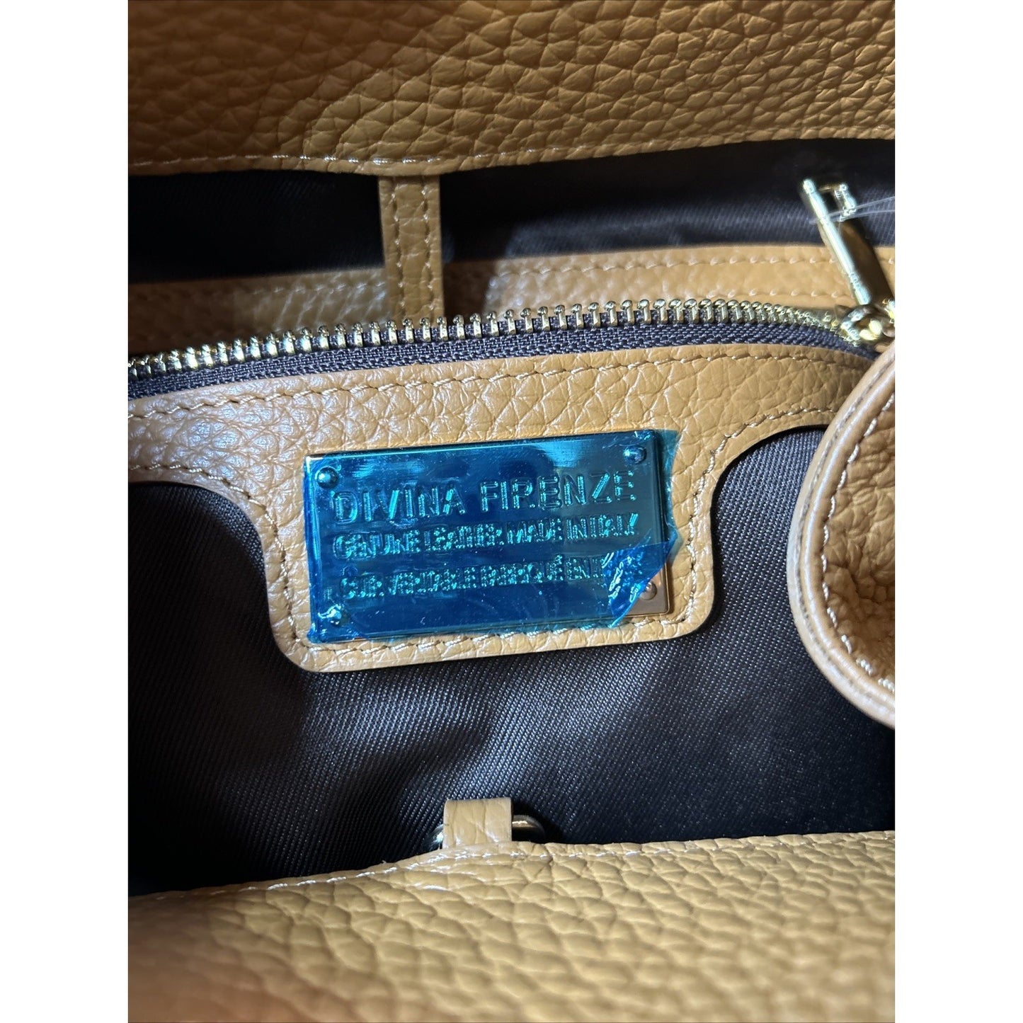 Divina Firenze Italian Leather Handbag Camel Pebbled Top Handle Purse