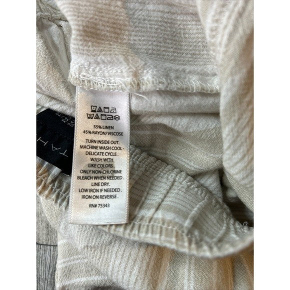 Tahari Linen Blend Wide Leg Pants Women XL Ivory Stripe Elastic Waist Vacation