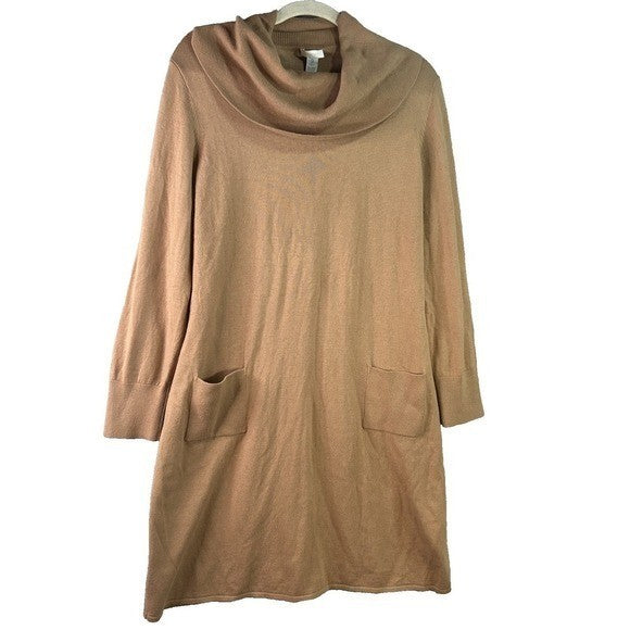 Chico’s Camel Cowl Neck Sweater Dress – Wool Blend Quiet Luxury Capsule Dress
