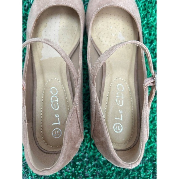 Le Edo Suede Mary Jane Block Heel – Quiet Luxury Neutral Pump | Size 37 US 7