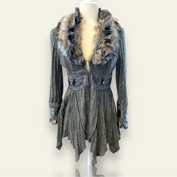 Nicole Sabbattini Boho Luxe Charcoal Sweater Coat with Faux Fur & Satin Ruffle Trim – Women’s Small